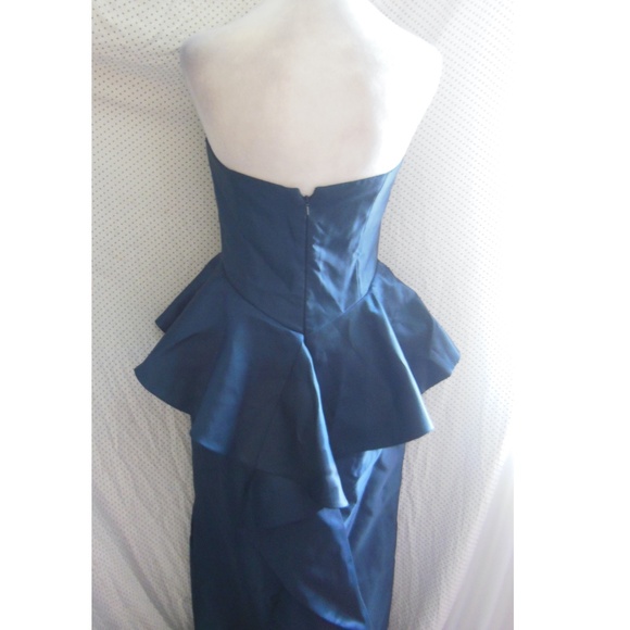 NEW ALFRED SUNG Midnight BLUE Strapless RUFFLE Peplum SATIN Column GOWN 12 - Picture 6 of 16